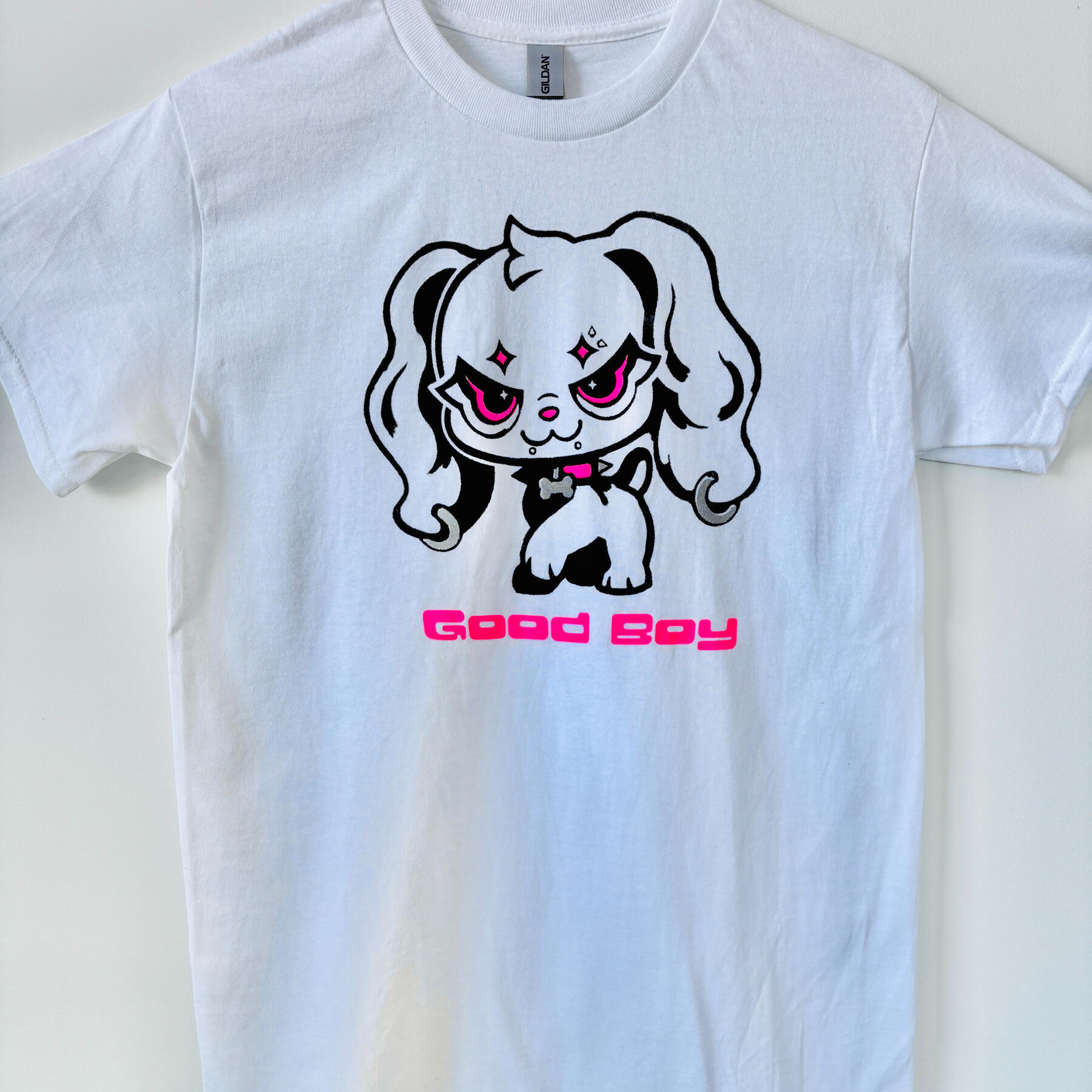 good boy shirt, white 2024 gildan shirt, water based ink