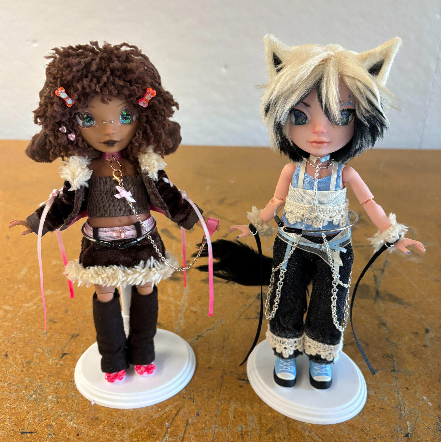 "puppygirl and catboy" character dolls 2024 doll body, clay, resin, wire, acrylic, watercolor pencil, fabric, yarn, ribbon, hardware, glitter, rhinestones