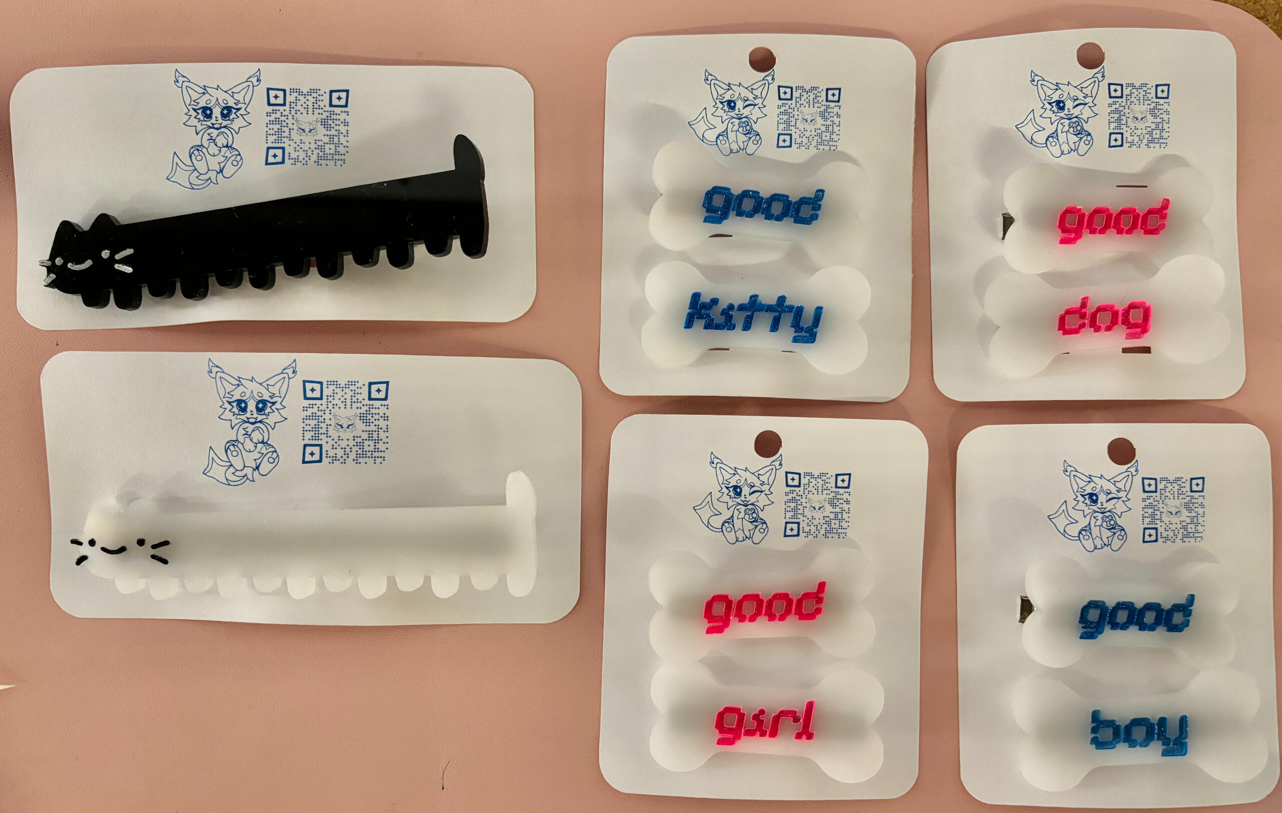 hair clips (long cats, good bones) 2024 laser cut acrylic, acrylic paint, spray glitter