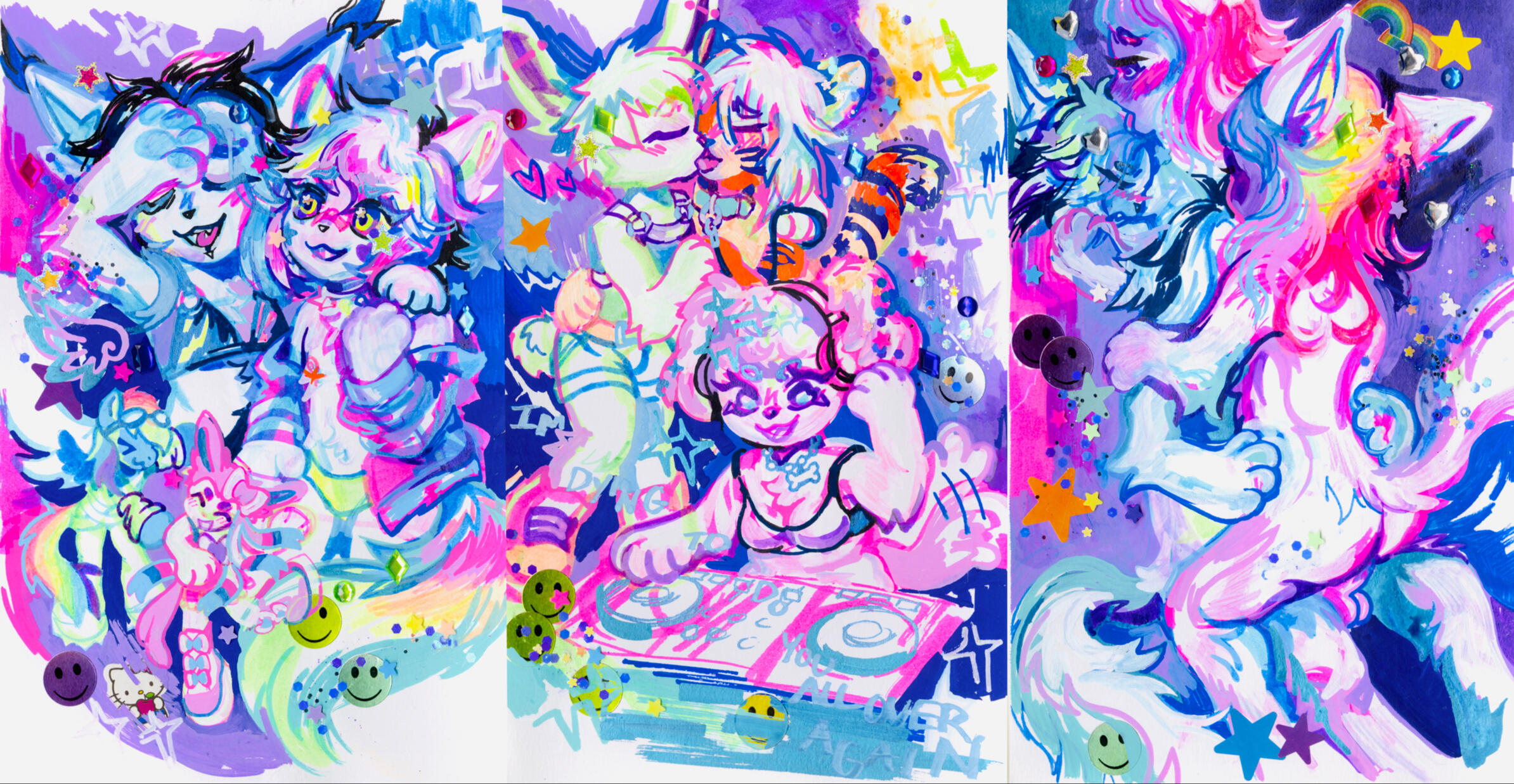 ravelove part 1 2023 posca marker, highlighter, stickers, rhinestones